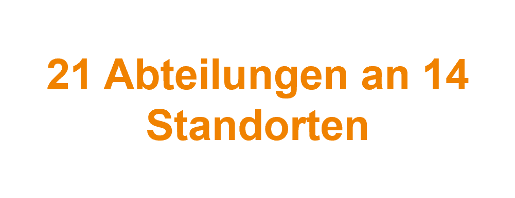 Das Bild stellt eine Information mit Bezug auf die organisatorische Struktur eines Unternehmens oder einer Institution dar. Es zeigt, dass es 21 Abteilungen gibt, die auf insgesamt 14 verschiedene Standorte verteilt sind. Dies könnte darauf hinweisen, dass die Institution weit verbreitet ist und über mehrere Zweigstellen oder Niederlassungen verfügt. Diese Art von Darstellung wird oft genutzt, um die Größe und Vielfalt der Organisation zu veranschaulichen.