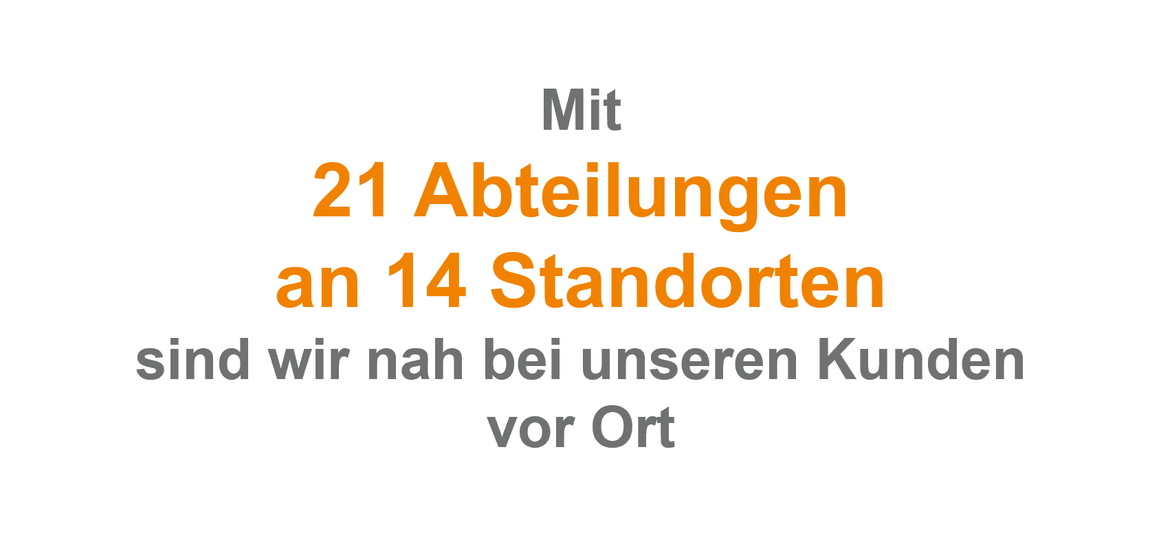 ### Inhalt des Bildes

Das Bild stellt eine Botschaft dar, die darauf hinweist, dass das Unternehmen über 21 Abteilungen an 14 verschiedenen Standorten verfügt. Dies zeigt, dass sie gut verteilt und lokal präsent sind, um ihre Kunden direkter und effizienter bedienen zu können. Die Aussage "sind wir nah bei unseren Kunden vor Ort" unterstreicht das Engagement des Unternehmens, eine enge Beziehung zu seinen Kunden aufzubauen und sie direkt vor Ort zu unterstützen.