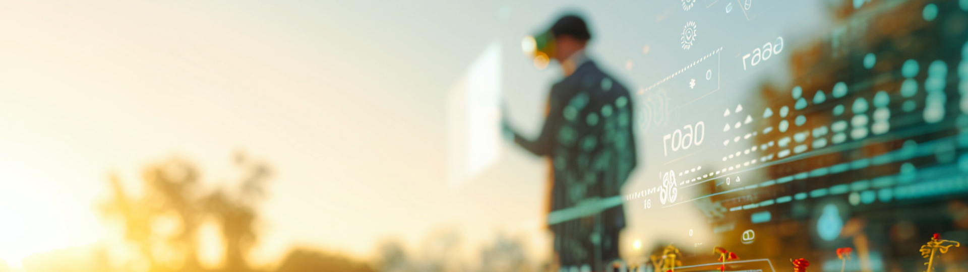 Das Bild stellt eine Person dar, die eine Virtual-Reality-Brille trägt. Der Hintergrund wirkt futuristisch und ist mit digitalen Elementen und Daten durchsetzt, die im Raum scheinbar schweben. Der Fokus liegt auf einem holografischen Display oder einer Art interaktiver Benutzeroberfläche, die der Person zugänglich ist. Die Szene vermittelt den Eindruck, als ob die Person in eine virtuelle oder erweiterte Realität eingetaucht ist, und symbolisiert Konzepte wie digitale Transformation, Virtual Reality, oder technische Innovation.