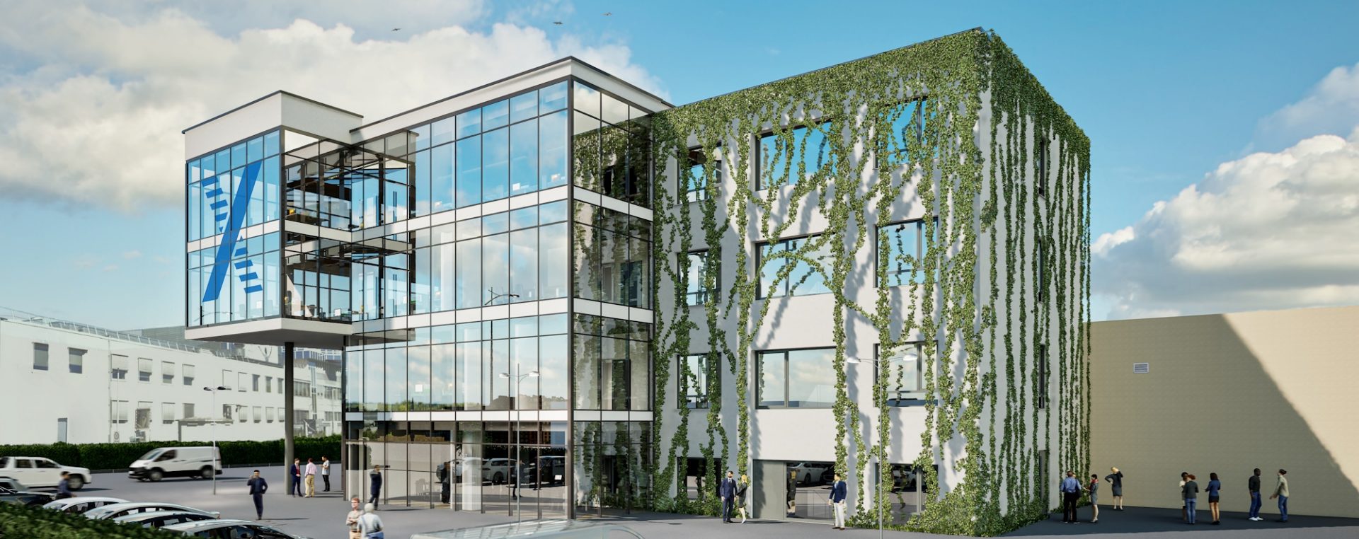 Das Bild zeigt ein modernes Gebäude mit einer Glasfassade und begrünten Elementen. Im Vordergrund sind einige Menschen und Autos zu sehen. Die Architektur des Gebäudes wirkt zeitgemäß und könnte ein Büro- oder Geschäftsgebäude darstellen.