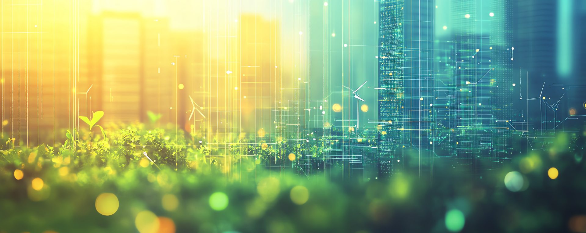 Transformationsbegleiter Das Bild stellt eine futuristische Szene dar, die eine grüne und nachhaltige Stadtlandschaft zeigt. Im Vordergrund sind saftiges, grünes Gras und Pflanzen zu sehen, die möglicherweise den Fokus auf Natur und Ökologie legen. Im Hintergrund erhebt sich eine moderne städtische Skyline aus Hochhäusern, die möglicherweise nachhaltige Architektur und städtische Entwicklung repräsentiert. Die Verwendung von hellen und energetischen Farben könnte ein Gefühl von Innovation, Technologie und Hoffnung auf eine grünere Zukunft vermitteln.