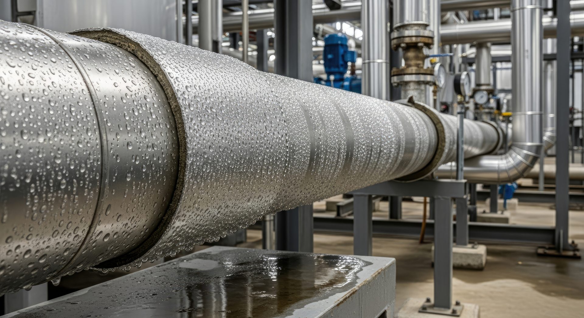Eine Rohrleitung in einer Industrieanlage steht für den hohen Energiebedarf der Prozesswärme. Ihre Umstellung von fossilen Energieträgern auf Strom, Biomasse oder grünen Wasserstoff erfordert umfangreiche Investitionen in Produktionsanlagen und Energieversorgung.