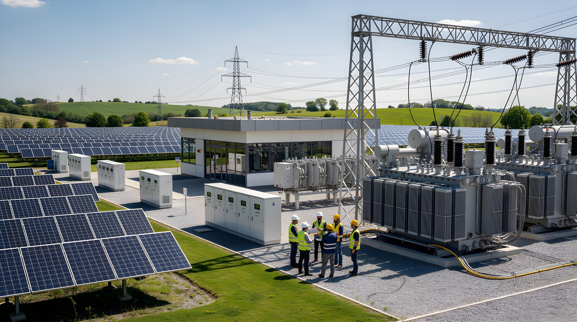 Das Bild zeigt eine Solaranlage mit vielen Solarpaneelen, die Sonnenenergie erzeugen. Im Vordergrund sind einige Arbeitskräfte mit Schutzhelmen zu sehen, die sich nahe einer elektrischen Umspannstation oder einem Transformatorhaus befinden. Im Hintergrund sieht man grüne Felder und Hochspannungsleitungen. Insgesamt stellt das Bild eine moderne Anlage zur Erzeugung und Verteilung erneuerbarer Energie dar.